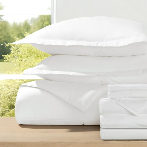 8-Piece Bedding Bundle with Comforter Set, Bed Sheets & Bed Skirt in White Ultra Soft Microfiber for California King Beds