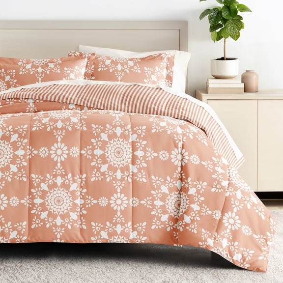Comfort Canopy - California King Bedding Bundle, Patterned Microfiber Comforter and Solid Sheet Set in Daisy Medallion Clay