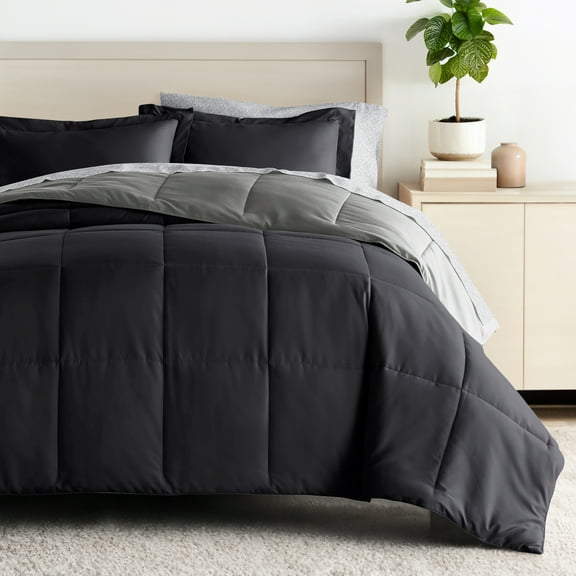 Comfort Canopy - California King Black / Fog Bedding Bundle, Reversible Microfiber Comforter and Patterned Sheet Set