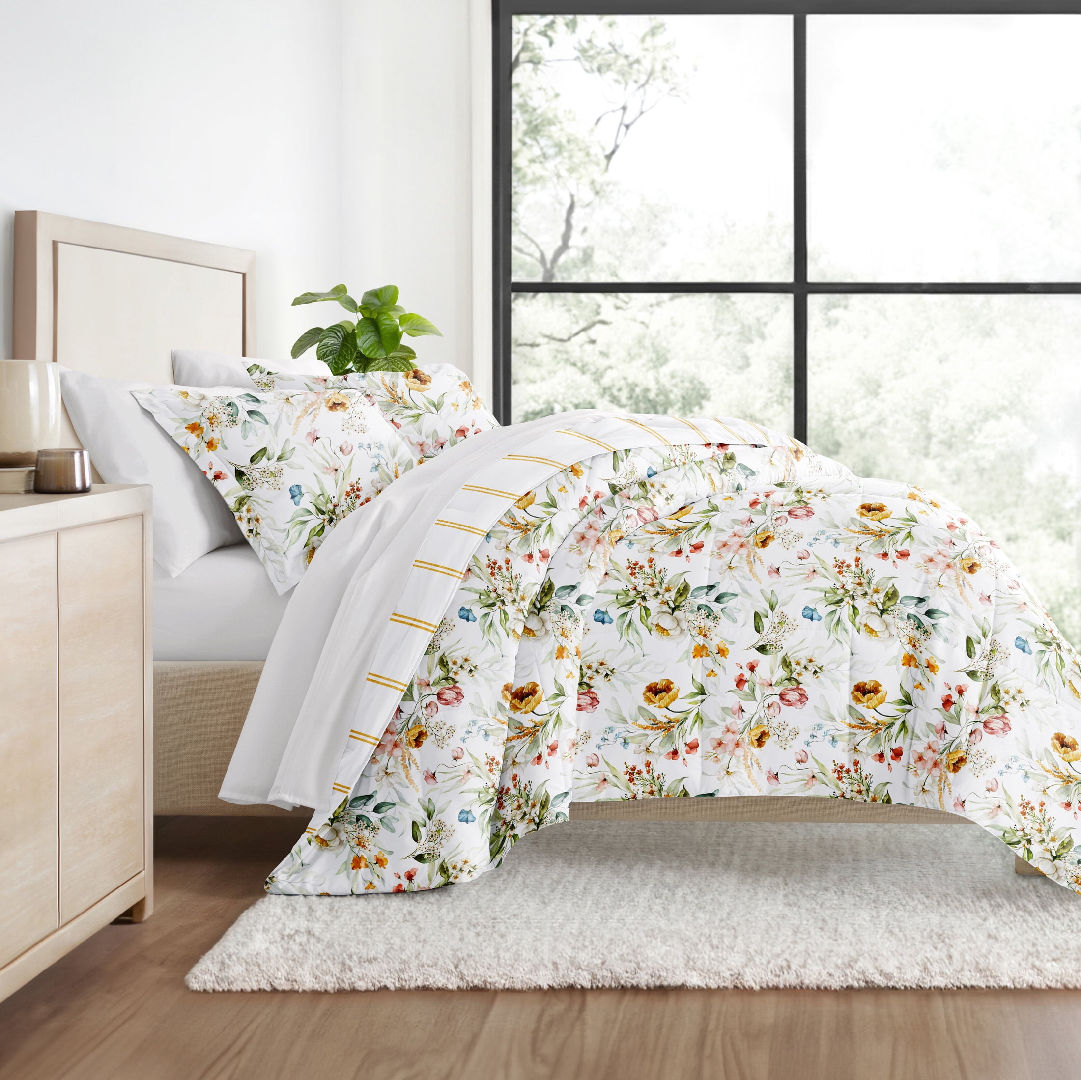 Comfort Canopy Mid-Century Chintz Floral Stripe Bedding Sets, Queen
