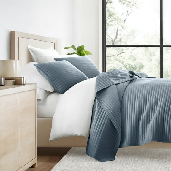 Wrinkle Resistant All Season Quilt Set Coverlet Dusk Blue Striped Stitched for King Size Bedding by Comfort Canopy