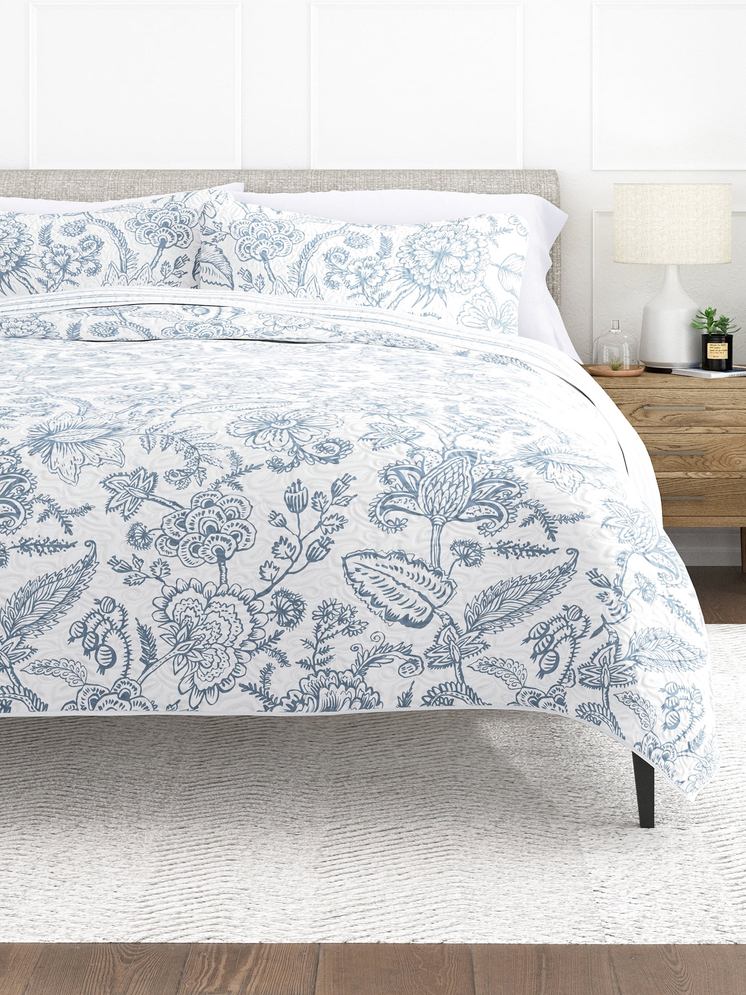 Coperta Matrimoniale King Size Linen Market Jacobean Duskblue - Trapunta Lunga Con Volant E Schienale A T, Regalo Perfetto