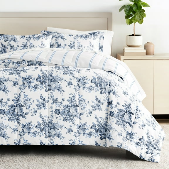 Comfort Canopy - Full Bedding Bundle, Patterned Microfiber Comforter and Solid Sheet Set in Cabbage Rose Stripe Stone