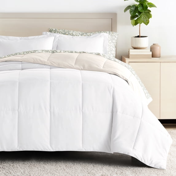 Comfort Canopy - Full White / Ivory Bedding Bundle, Reversible Microfiber Comforter and Patterned Sheet Set