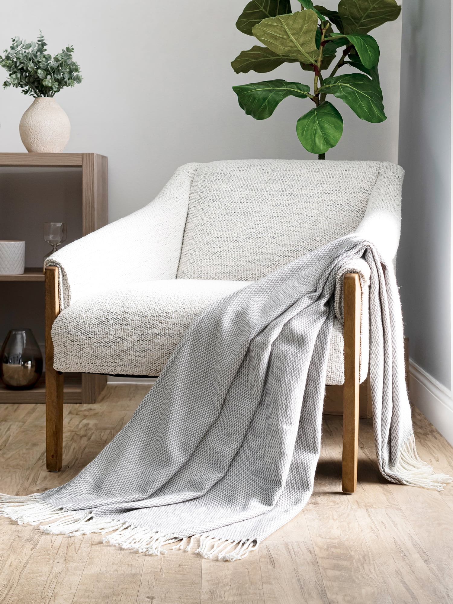 Comfort Canopy - Lightweight Gray Herringbone Throw Blanket with Fringed Edges