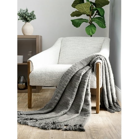 Comfort Canopy - Gray Throw Blanket Slub-Yarn Basketweave with Fringed Edges