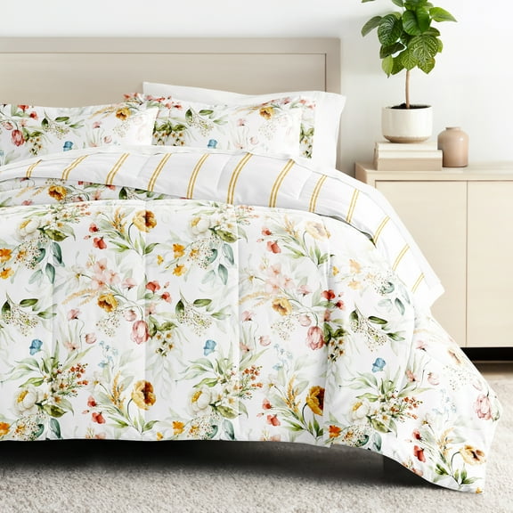 Comfort Canopy - King Bedding Bundle, Patterned Microfiber Comforter and Solid Sheet Set in Cabbage Chintz Floral Stripe Clay