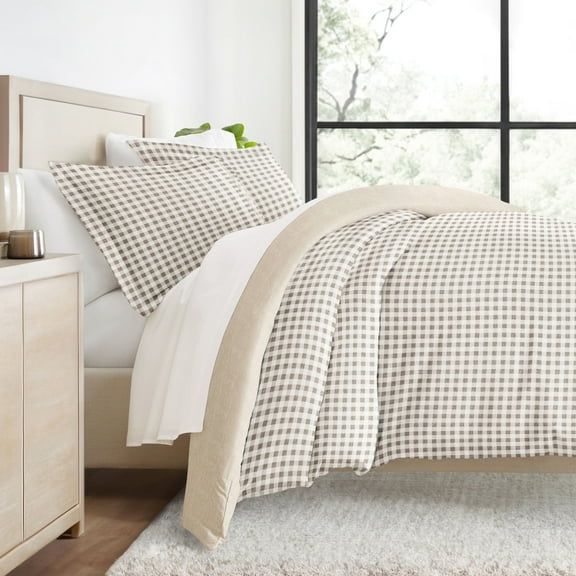 Duvet Cover Set - Ultra Soft & Breathable - Reversible Beige Gingham Check for King/Cal-King Bedding by Comfort Canopy