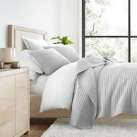 Wrinkle Resistant All Season Quilt Set Coverlet Light Gray Striped Stitched for King Size Bedding by Comfort Canopy