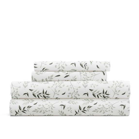 Delicate Blossoms Bed Sheets Set - Breathable and Ultra-Soft Tossed Foliage Eucalyptus for California King Size Bedding by Comfort Canopy