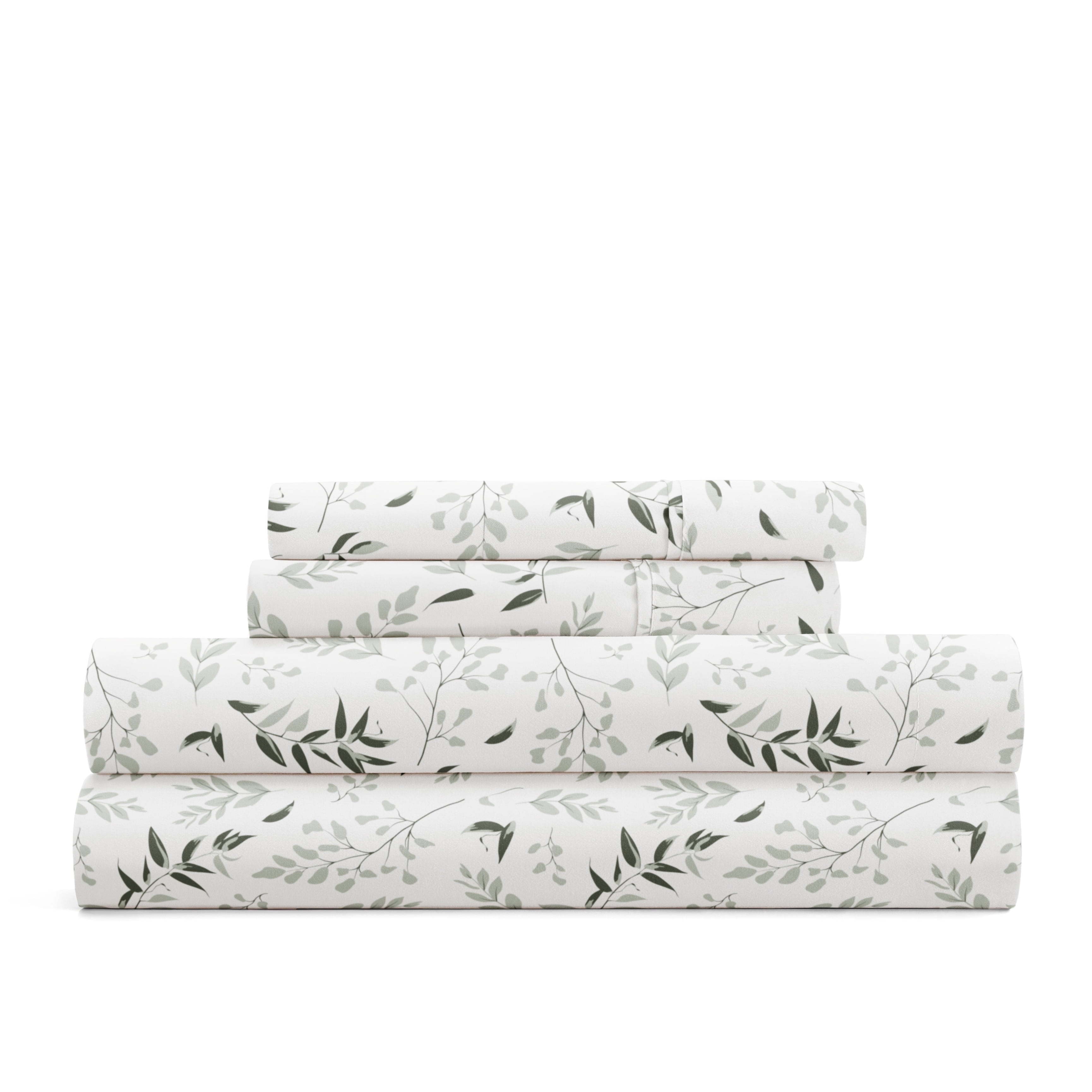Delicate Blossoms Bed Sheets Set - Breathable and Ultra-Soft Tossed Foliage Eucalyptus for Queen Size Bedding by Comfort Canopy