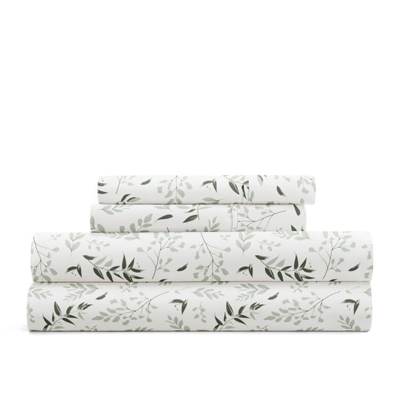 Delicate Blossoms Bed Sheets Set - Breathable and Ultra-Soft Tossed Foliage Eucalyptus for Full Size Bedding by Comfort Canopy