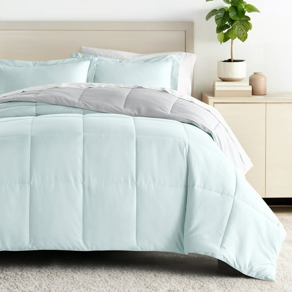 Comfort Canopy - Queen Aqua / Light Gray Bedding Bundle, Reversible Microfiber Comforter and Patterned Sheet Set