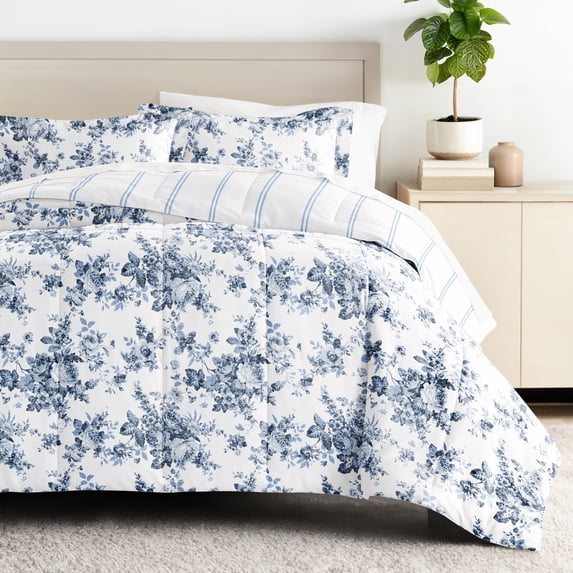 Comfort Canopy - Queen Bedding Bundle, Patterned Microfiber Comforter and Solid Sheet Set in Cabbage Rose Stripe Stone