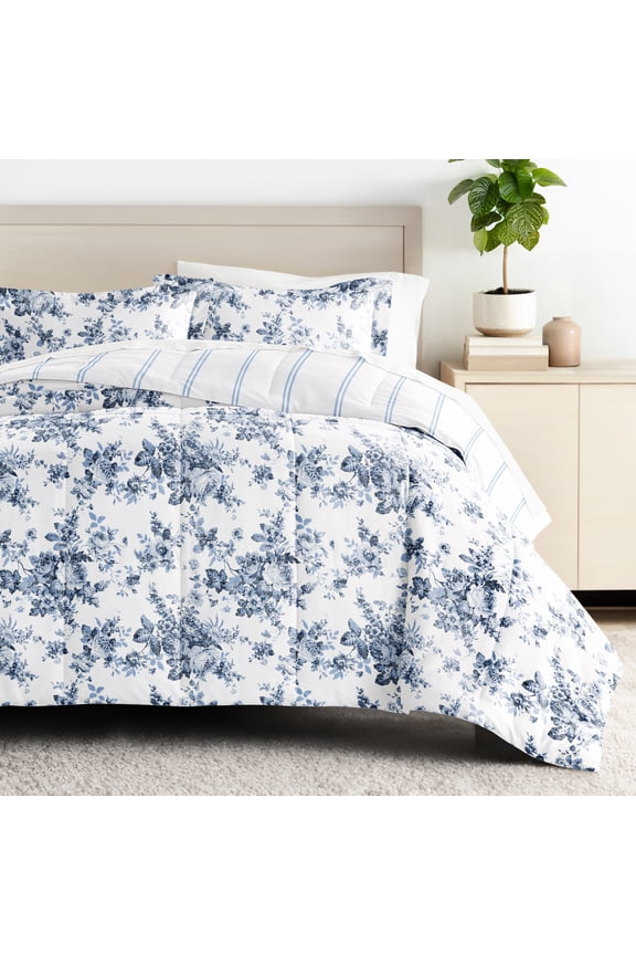- Queen Bedding Bundle, Patterned Microfiber Comforter and Solid Sheet Set in Cabbage Rose Stripe Stone