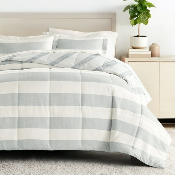 Comfort Canopy - Queen Bedding Bundle, Patterned Microfiber Comforter and Solid Sheet Set in Distressed Stripe Light Blue