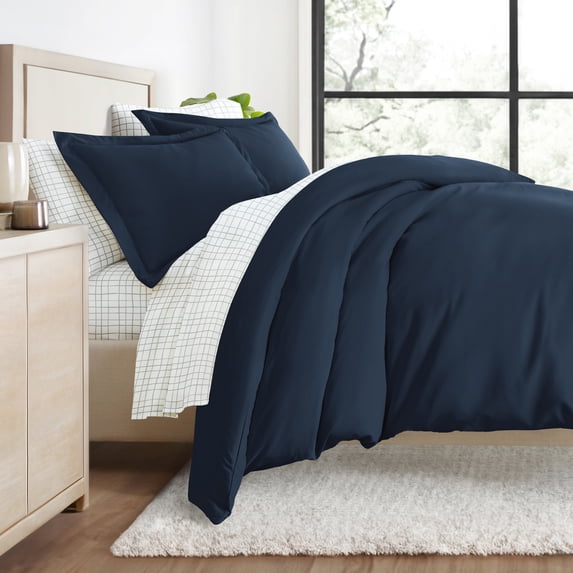 Comfort Canopy - Queen Bedding Bundle, Solid Duvet Cover Set, White Comforter and Patterned Sheet Set