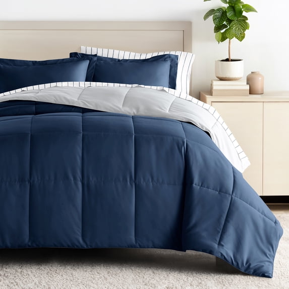 Comfort Canopy - Queen Navy / Light Gray Bedding Bundle, Reversible Microfiber Comforter and Patterned Sheet Set