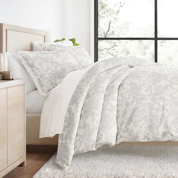 Duvet Cover Set - Ultra Soft & Breathable - Light Gray Weathered Floral for Full/Queen Bedding by Comfort Canopy
