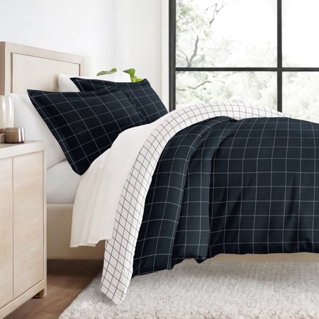 Duvet Cover Set - Ultra Soft & Breathable - Reversible Navy Rustic Windowpane for Full/Queen Bedding by Comfort Canopy