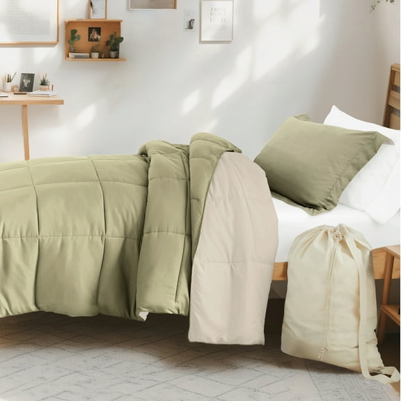 Comfort Canopy - Ready Dorm Bedding Bundle, Patterned Comforter Set, Solid Sheet Set, Pillows and Laundry Bag