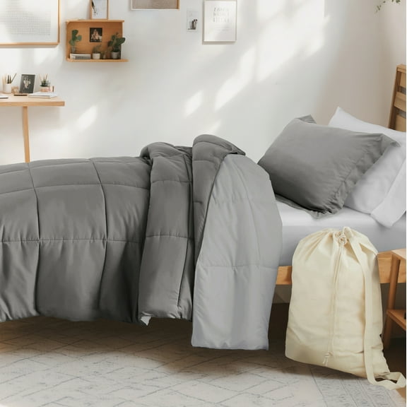 7 Piece TwinXL Dorm Bedding Bundle, Patterned Comforter Set, Solid Sheet Set, Pillows and Laundry Bag