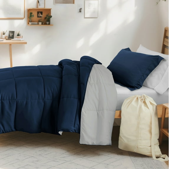 7 Piece TwinXL Dorm Bedding Bundle, Patterned Comforter Set, Solid Sheet Set, Pillows and Laundry Bag