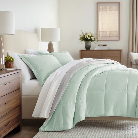 All Season Reversible Comforter Set Breathable Cool in Aqua & Light Gray Full/Queen Size Bedding by Comfort Canopy