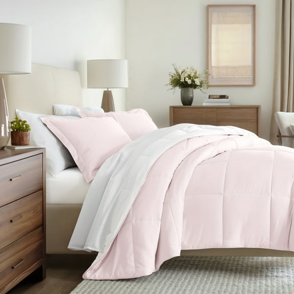 All Season Reversible Comforter Set Breathable Cool in Blush Pink & White Full/Queen Size Bedding by Comfort Canopy