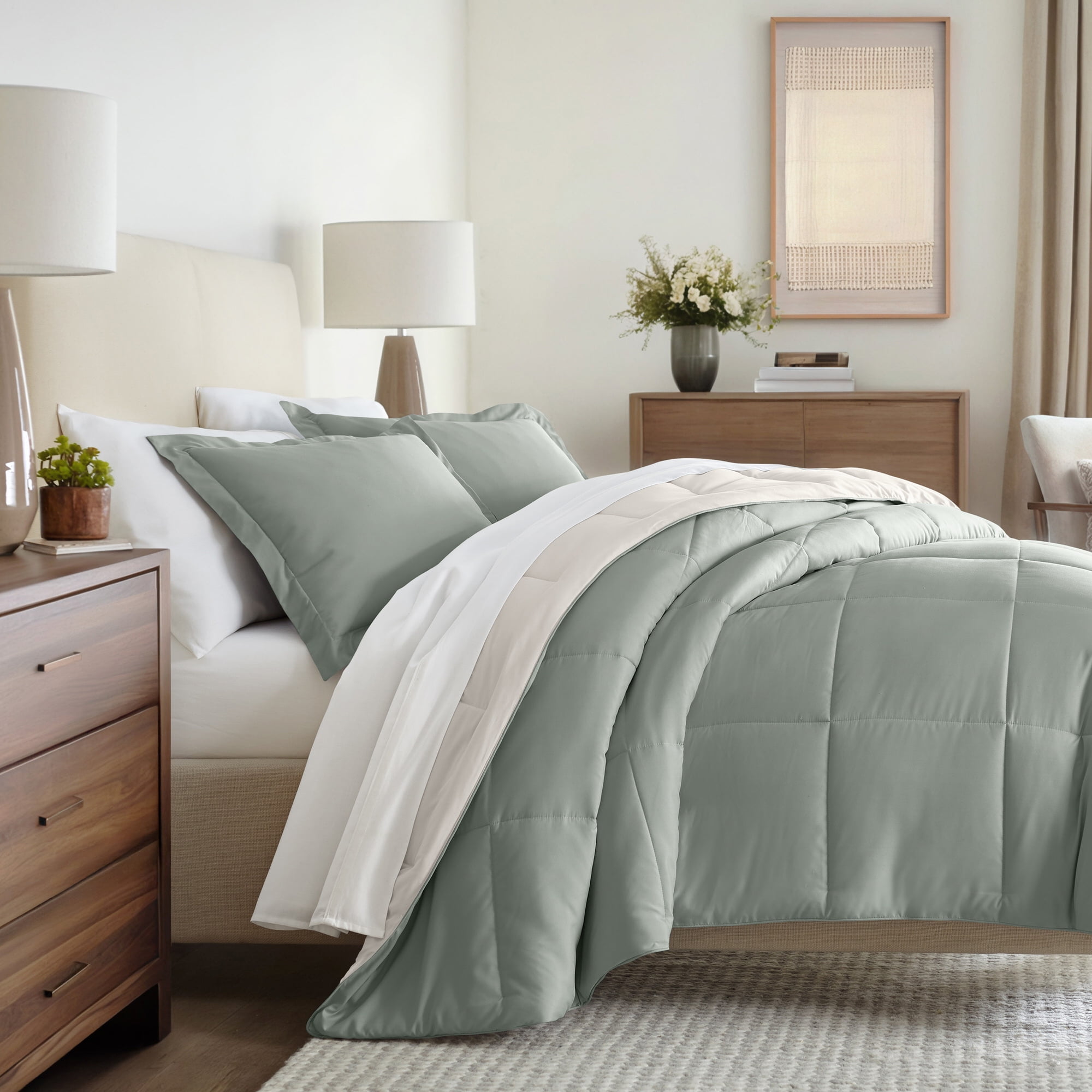 All Season Reversible Comforter Set Breathable Cool in Eucalyptus & Natural Twin/Twin XL Size Bedding by Comfort Canopy