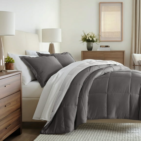 All Season Reversible Comforter Set Breathable Cool in Gray & Light Gray Full/Queen Size Bedding by Comfort Canopy