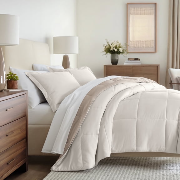 All Season Reversible Comforter Set Breathable Cool in Natural & Latte Full/Queen Size Bedding by Comfort Canopy