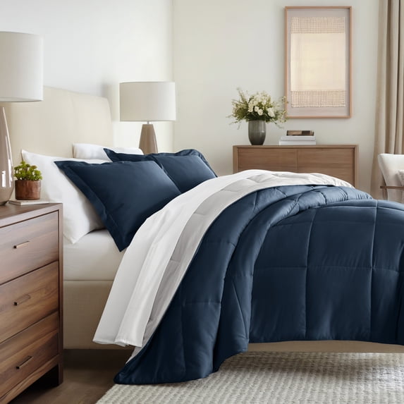 All Season Reversible Comforter Set Breathable Cool in Navy & Light Gray Full/Queen Size Bedding by Comfort Canopy