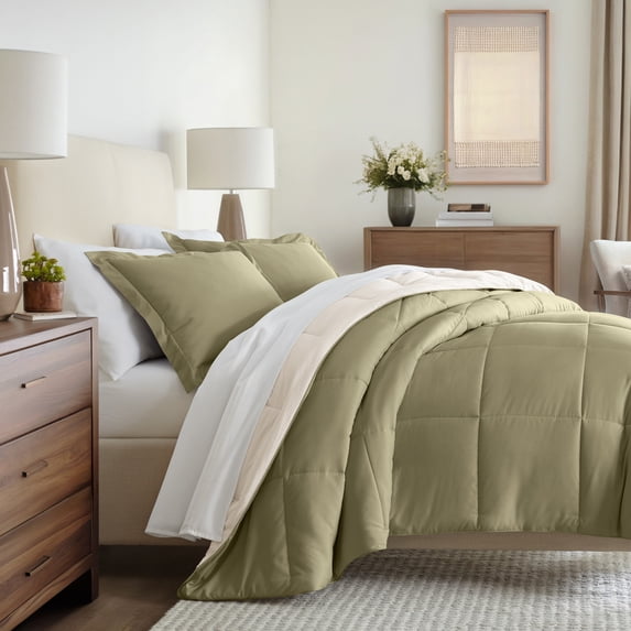All Season Reversible Comforter Set Breathable Cool in Sage Green & Ivory Cal King/King Size Bedding by Comfort Canopy