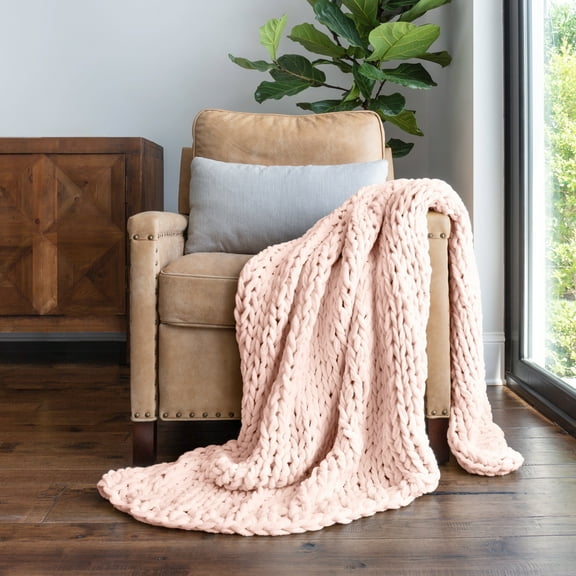 Comfort Canopy - Throw Blanket, Blush Pink Chunky Soft Acrylic Hand-Knit