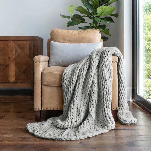 Comfort Canopy - Throw Blanket, Light Gray Chunky Soft Acrylic Hand-Knit