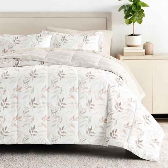 Comfort Canopy - Twin Bedding Bundle, Patterned Microfiber Comforter and Solid Sheet Set in Foliage Stripe Ivory