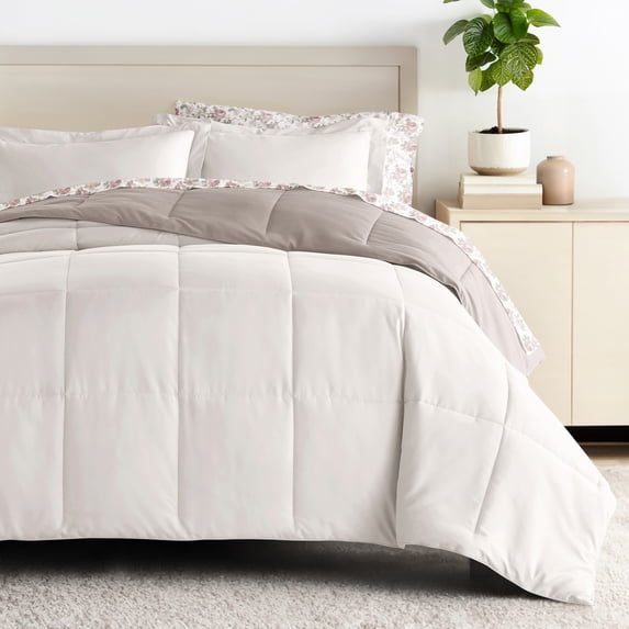 Comfort Canopy - Twin Natural / Latte Bedding Bundle, Reversible Microfiber Comforter and Patterned Sheet Set