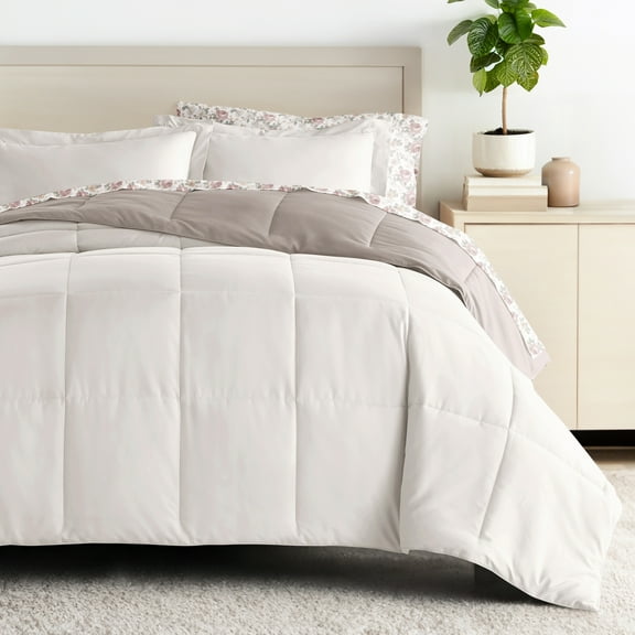 Comfort Canopy - Twin Natural / Latte Bedding Bundle, Reversible Microfiber Comforter and Patterned Sheet Set