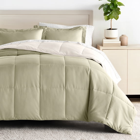 Comfort Canopy - Twin Sage / Ivory Bedding Bundle, Reversible Microfiber Comforter and Patterned Sheet Set