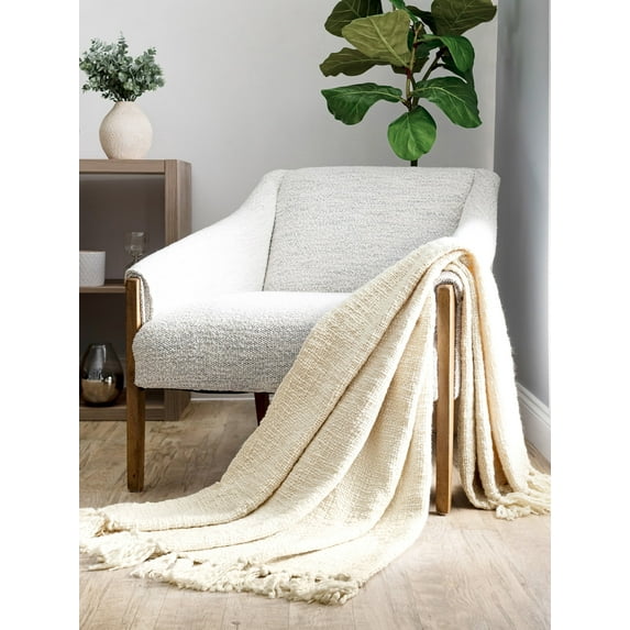 Comfort Canopy - Ultra Soft Slub-Yarn Basketweave Natural Throw Blanket with Fringed Edges