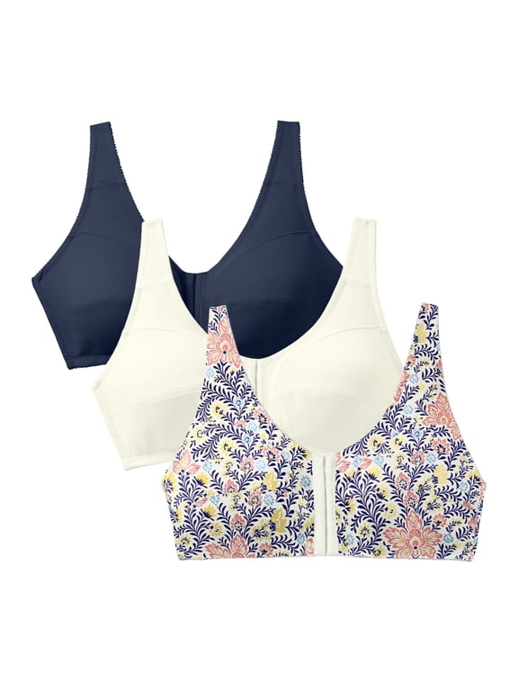 Women's Plus Size 3-Pack Front-Close Cotton Wireless Bra