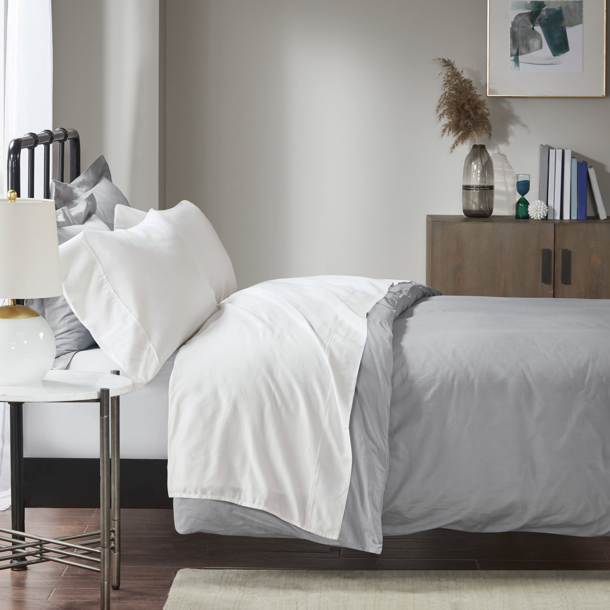 Queen White Cotton Polyester Sateen Sheet Set