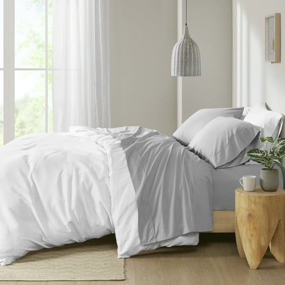 Madison Park Peached Percale 200 Thread Count Relaxed Cotton Percale Sheet Set, Queen - Grey