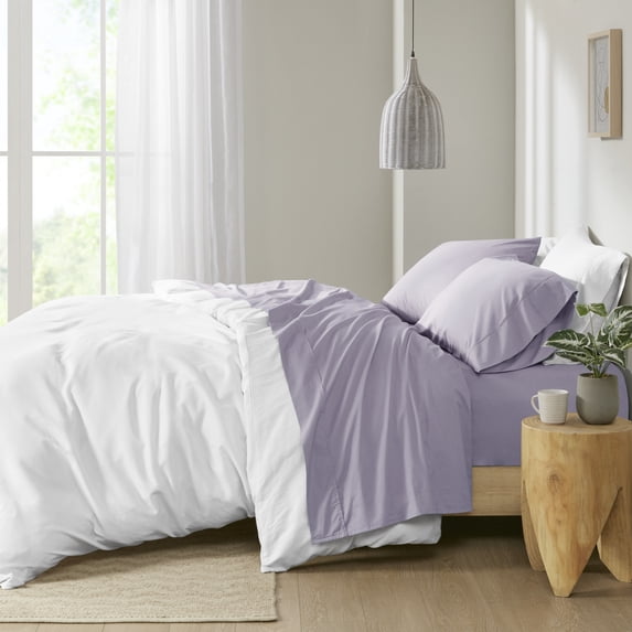 Comfort Classics Peached Percale 200 Thread Count Relaxed Cotton Sheet Set, Queen - Purple