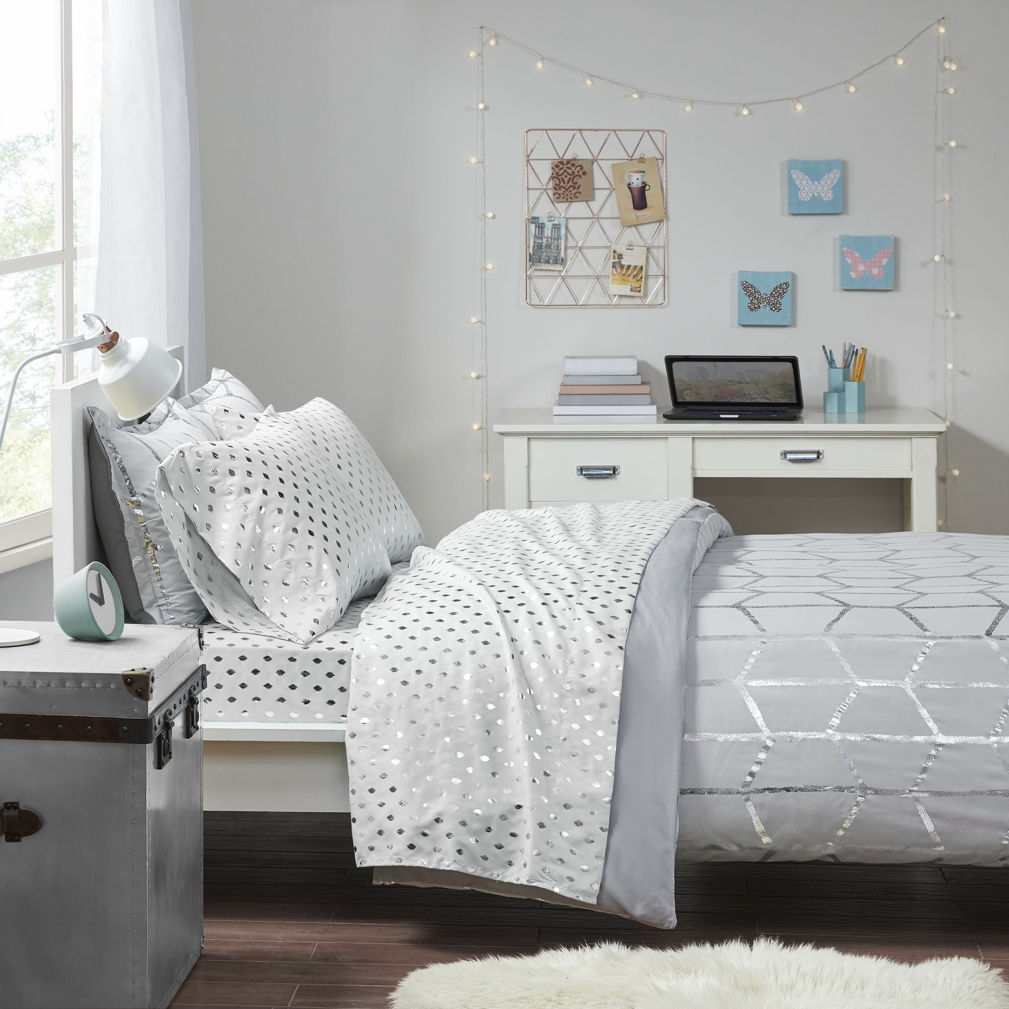 Silver Metallic Dot Twin XL Microfiber Sheet Set