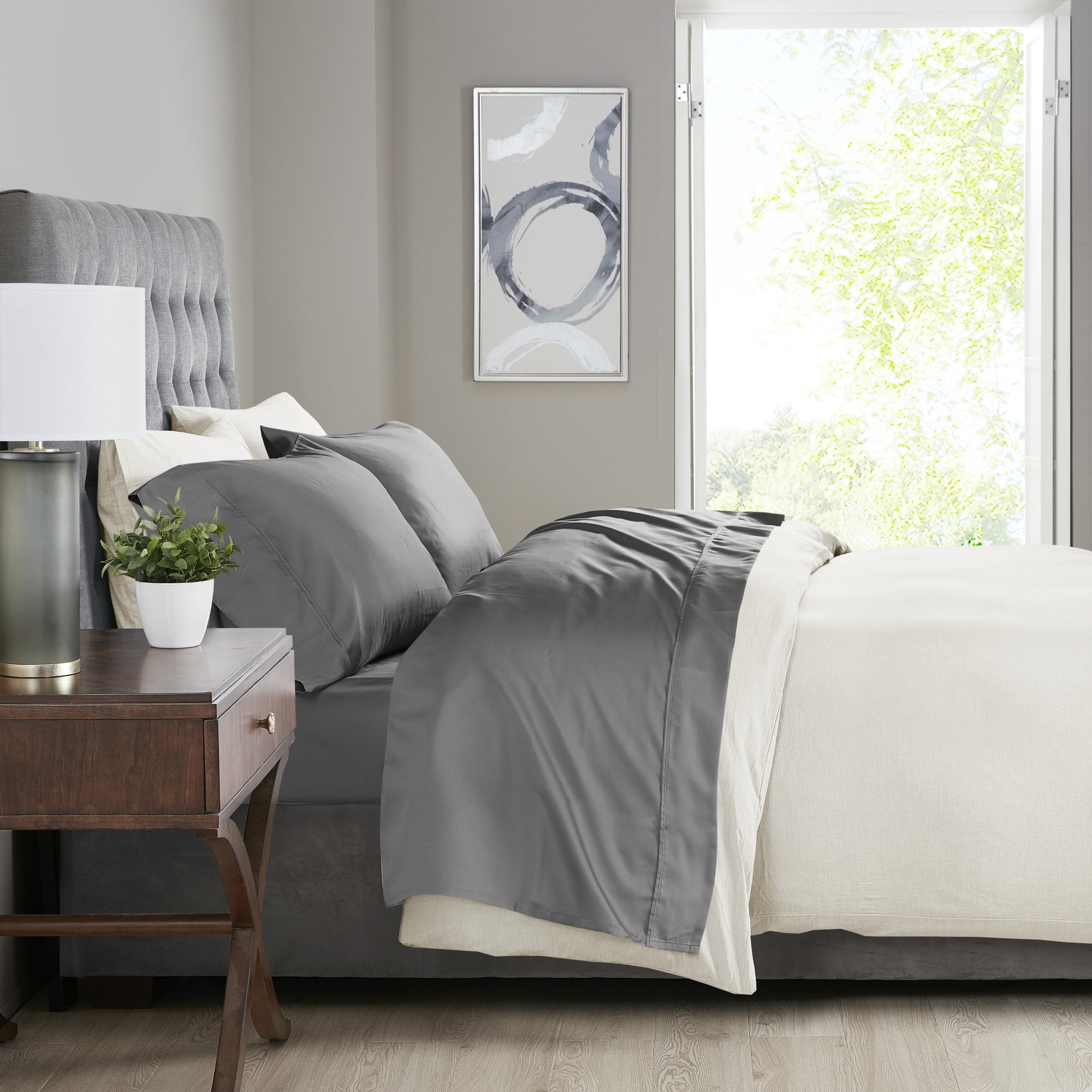 Queen Gray Cotton Polyester Solid Sheet Set with Fringe