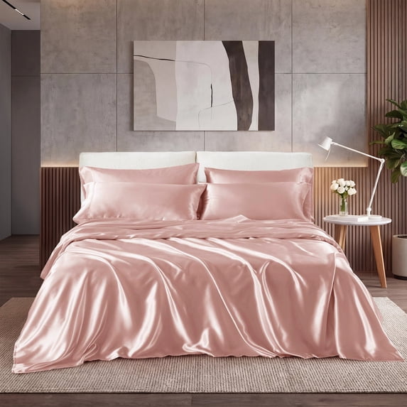 Regency Heights Blush Satin Sheet Set Full Size, 6-Piece Silky Bed Sheets with 16" Deep Pocket Fitted Sheet
