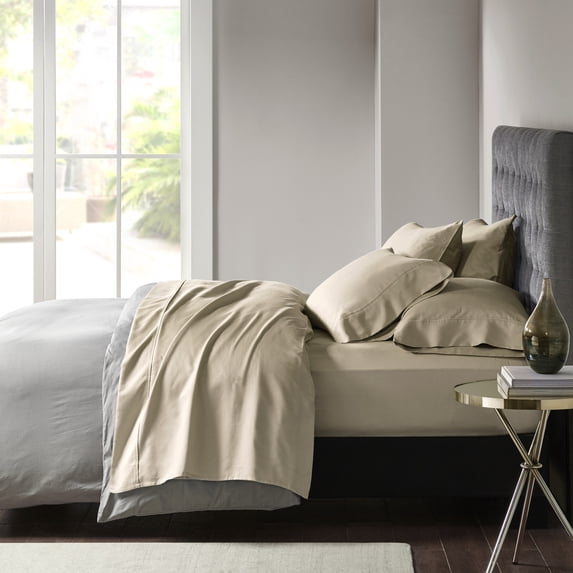 Madison Park 6-piece 800 Thread Count Cotton Blend Sateen Sheet Set, Split King - Khaki, Resistant to fading, shrinking and wrinkles