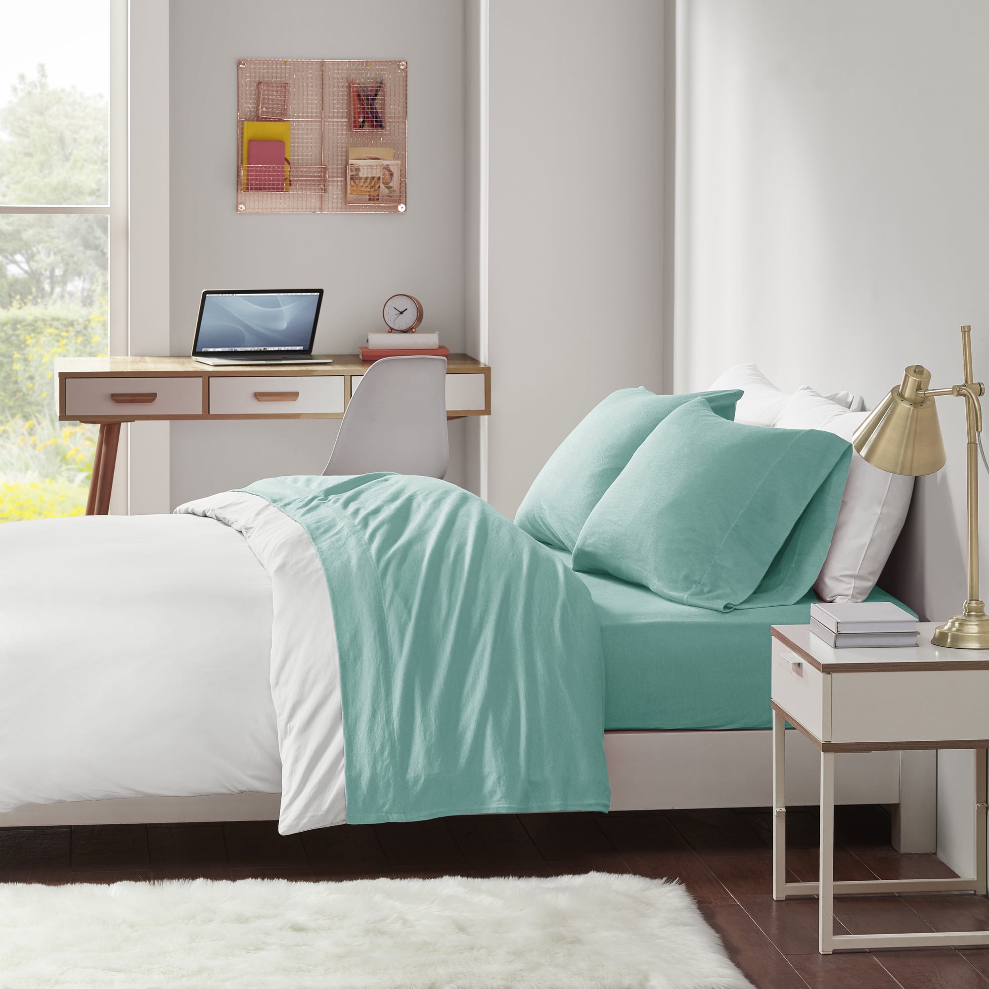 Comfort Classics All Season Cotton Blend Jersey Knit 4 Piece Aqua Sheet Set, Queen